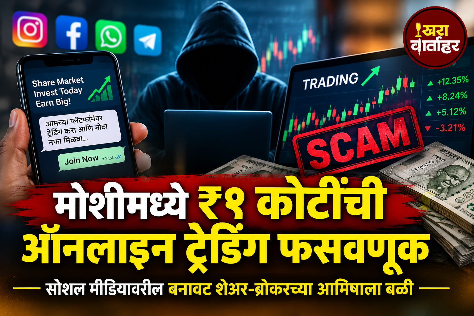 मोशीमध्ये ₹१ कोटींची ऑनलाइन ट्रेडिंग फसवणूक; सोशल मीडियावरील बनावट शेअर-ब्रोकरच्या आमिषाला बळी